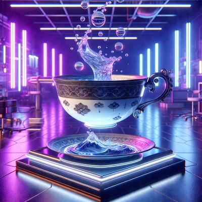 The primary subject of the image is a cup of tea, which is placed on a table. The setting is a futuristic environment, with a purple and blue color scheme. The visual style is a combination of photo and digital art, creating a unique and eye-catching presentation. The overall atmosphere is one of sophistication and modernity, with the cup of tea as the central focus.